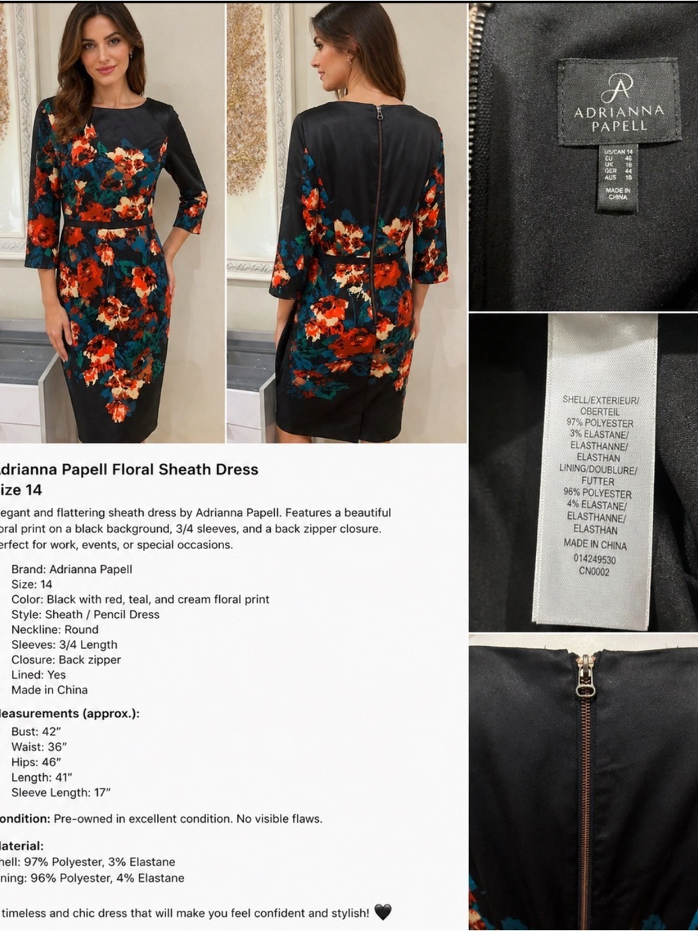 Adrianna Papell Black Floral Midi Sheath Dress with Red and Teal Blossoms. #49
